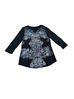 BLEU Womens Black Lace Long Sleeves Print Tunic Top Medium Y2K Embellished Boho